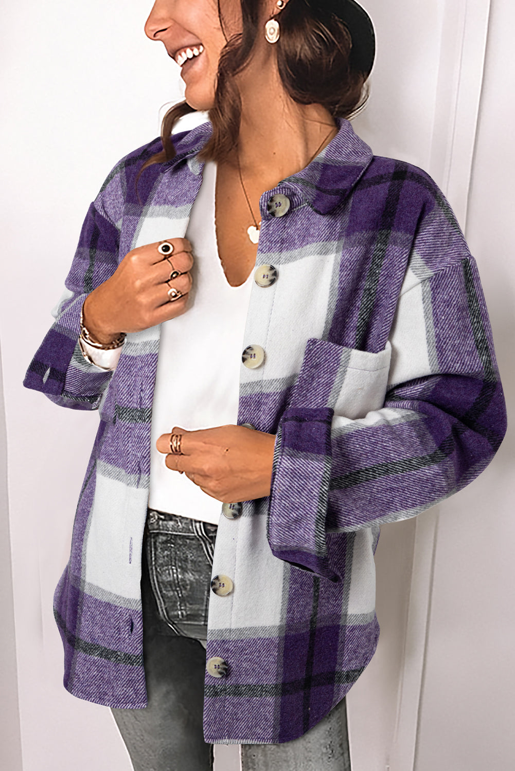 Purple Plaid Color Block Buttoned Long Sleeve Jacket With Pocket For Women Cozy Everyday Outerwear Dear-Lover Dropshipping